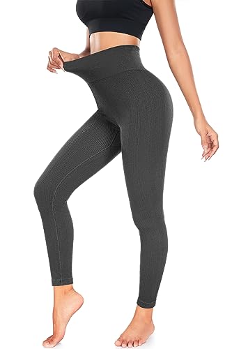 FULLSOFT RIBBED SEAMLESS LEGGINGS FOR WOMEN HIGH WAISTED WORKOUT ATHLETIC GYM YOGA PANTS(DARK GRAY,MEDIUM)