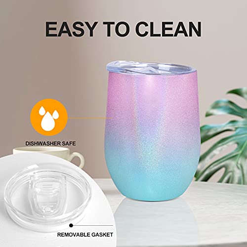 12 oz Wine Tumbler with Leakproof Lid, Stainless Steel Vacuum Insulated Wine Glasses Stemless, Spill Proof Travel Cup for Coffee, Cocktails, Gift for Women, Mother, Wife, Girls, Pink-blue Gradient