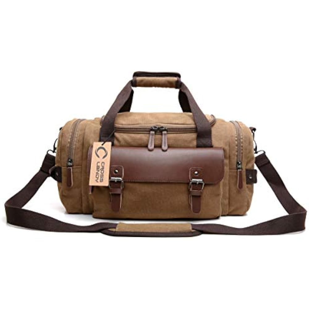 CrossLandy Canvas Gym Bag For Men Women Leather Overnight Travel Carry