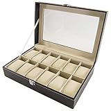SciencePurchase Watch Box Large 12 Mens Black Leather Display Glass Top Jewelry Case Organizer