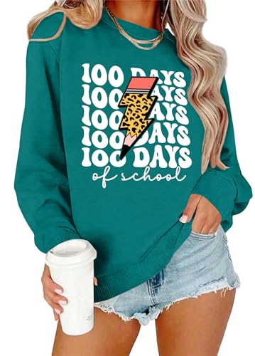 Ithalt Teacher Sweatshirt for Women 100 Days of School Shirt Teach Graphic Shirts Funny Crewneck Pullover Tops(Cyan, X-Large) at Amazon