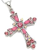 SoulBreezeCollection Christian Cross Necklace Heart Shape Pendant Chain Charm Designer Jewelry (Pink)