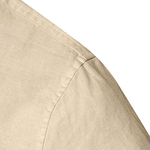 Ximandi Men's Baggy Cotton Linen SOID Color Short Sleeve Retro T Shirts Tops Blouse Khaki