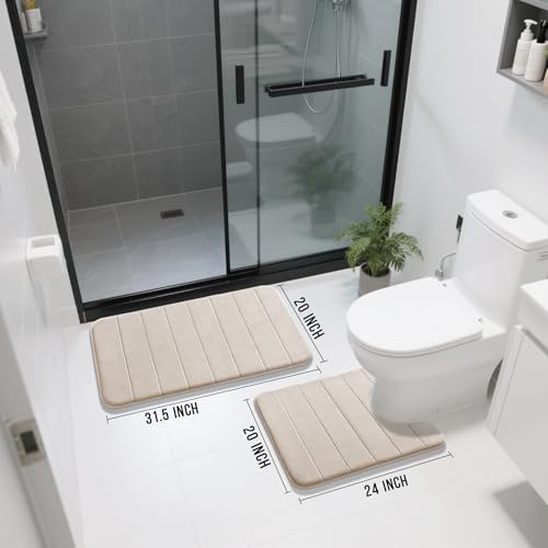 Photo 1 of Yimobra Memory Foam Bath Mat Set 2 Piece - Super Soft Absorbent Quick Dry Bathroom Toilet Rugs, Machine Washable Non Slip Floor Carpet for Tub Shower & Single Sink (31.5x20 & 24x20, Beige)