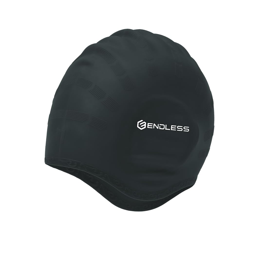 Endless EL1023 Comfortable Silicon Swimming Cap with Ergonomic Ear Pockets | Black | Material : Silicon | Fully Elastic Waterproof Cap for Long and Short Hair with Thicker Edge | For Women and Men