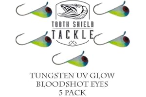 TOOTH SHIELD TACKLE UV Glow Tungsten Ice Fishing Jigs 5-Pack Rain Snow Tear Drop Jig Head Hooks Tip Up Tip Down 5mm (Bloodshot Eyes)