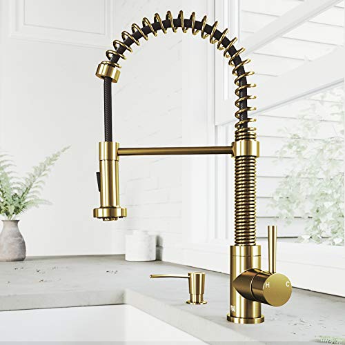 VIGO Commercial Single Hole Lead-Free Single Handle Dual Action Solid Brass Kitchen Sink Edison Smart Faucet, Kitchen Faucets With Pull Down Sprayer and Soap/Lotion Dispenser in Matte Brushed Gold