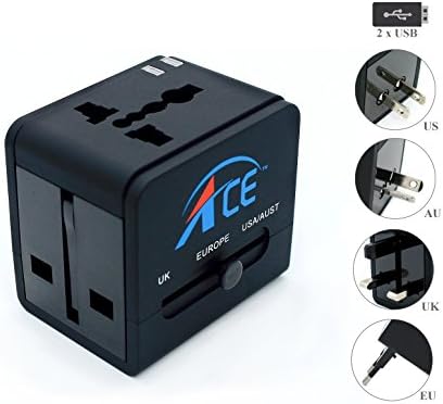 Worldwide Travel Adapter, ACE BEST International Plug [US UK EU AU] with Dual USB Charging Ports &amp; Universal AC Socket, Safety Fused | X1 Black