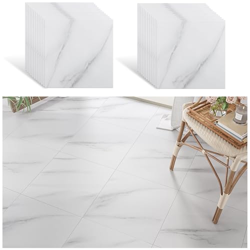 VEELIKE Waterproof Self-Adhesive Vinyl Floor Tiles Modern White Marble Effect Easy Install Peel and Stick Floor Tiles Durable PVC Flooring for Kitchen Bedroom Living Room Commercial 11.8"x11.8" 24 Pcs