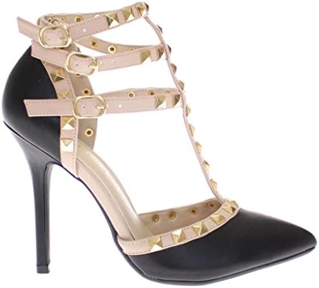 Women's Gladiator D'Orsay Rockstud RS01 Multi Metal Stud Stone Ankle T Strap Pointy Studed Stiletto Heel Pumps BKCO 10