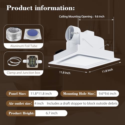 Gopper 12" Ultra Quiet Bathroom Exhaust Fan with 6500K LED Light, 1.0 Sone 120 CFM, 10x10 Mount, 1500 LM Ceiling Ventilation Fan, Energy Efficient (6500K LED-W)