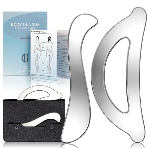 Rena Chris Gua Sha Facial Tools - Stainless Steel Muscle Scraper Tool Set for Physical Therapy & Deep Tissue Massage, Body Gua Sha Tools with Travel Pouch (2-Piece Kit)