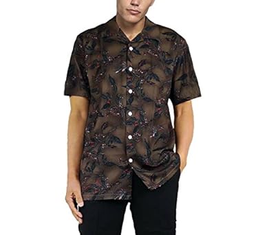 Amazon 開襟シャツ リーフ柄シャツ 半袖 メンズ レトロシャツ