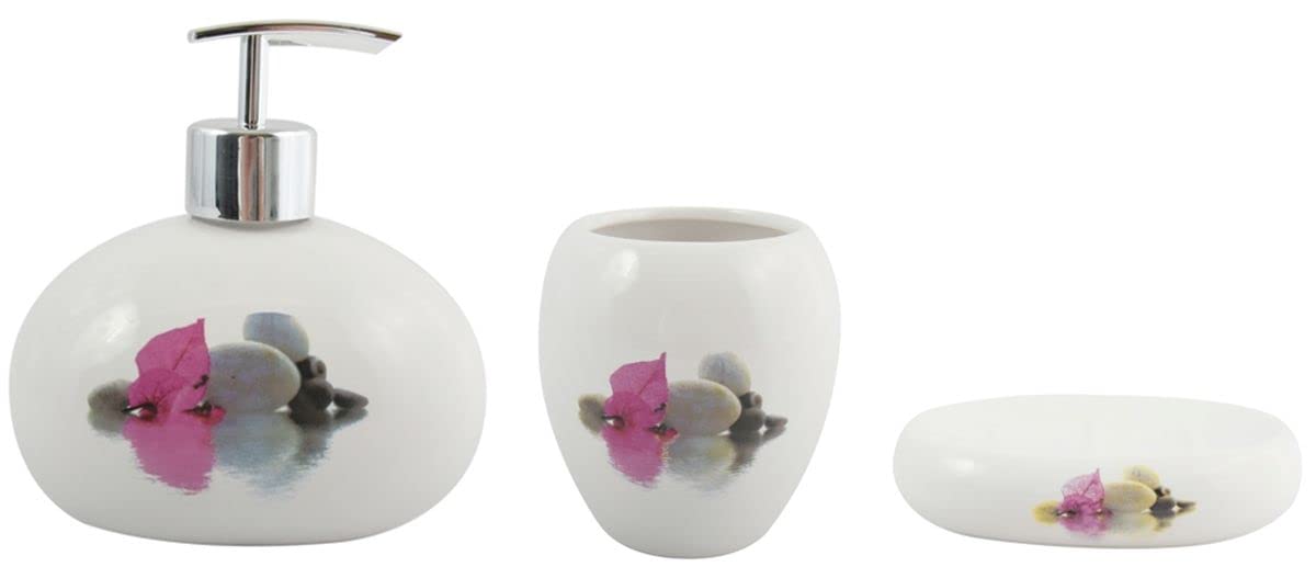 MSV Bathroom Accessories Borneo Ceramic Soap Dispenser, Soap Dish, Toothbrush Tumbler, Set of 3, White