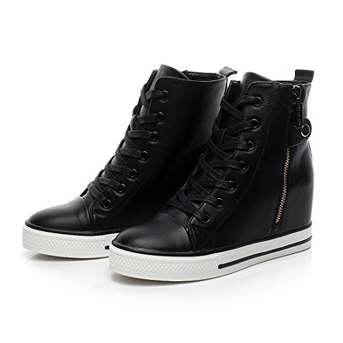 mewow Womens Casual High Top Wedge Hidden Heel Leather Shoes Fashion Sport Sneaker (6.5, Black)