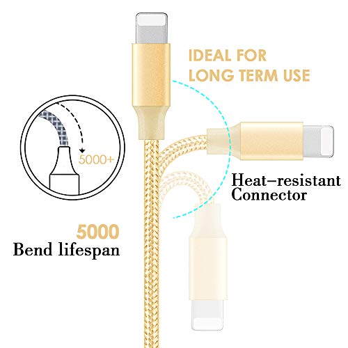 Phone Cable 6Pack 2x3FT 2x6FT 2x10FT to USB Syncing Data and Nylon Braided Cord Charger Charging Cable Compatible Phone XS MAX, XR, X, 8, 7, 7 Plus, 6, 6s, 6 Plus, 5, 5c, 5s, SE -GoldPink