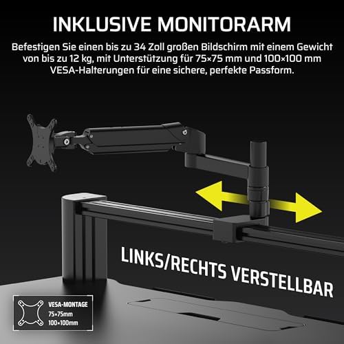 Platform:4 – 120 cm x 76 cm, Fester Höhe, Stehender Computer Home Office Gaming-Schreibtisch, Kabelmanagement, USB-Anschluss, Monitorarm Inbegriffen – Schwarz