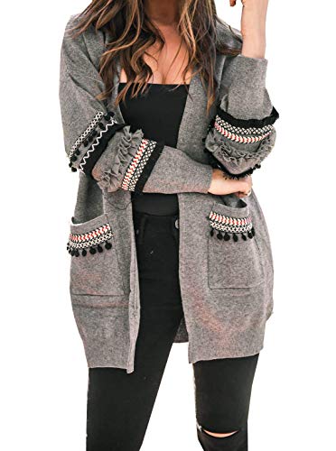 BTFBM Women Boho Long Sleeve Open Front Knit Cardigan with Pockets Bohemian Knitted Sweater Outwear Coat Tops (Grey, Large)