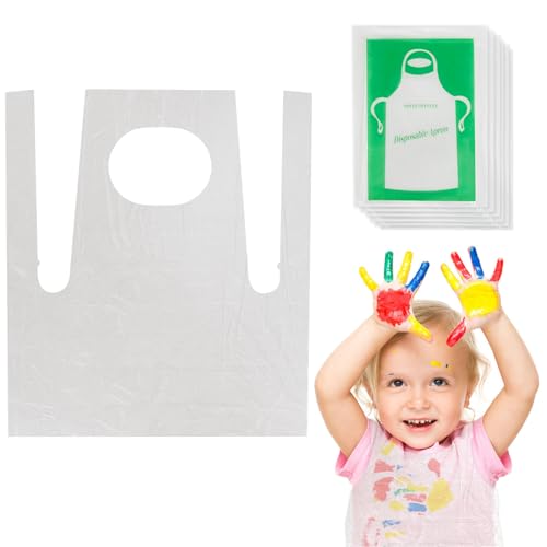MAQIHAN 50 Plastic Disposable Aprons - 2.1ft/65cm Plastic Aprons Waterproof Disposable Paint Aprons Bulk Children Smocks Clear Eating Bibs for Painting Cooking Art Craft Picnic