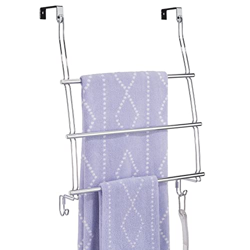 mDesign Adjustable Metal Over Door Towel Rack Holder for Shower and Bath, 3 Tier Rod Hanger with