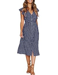 MITILLY Vestido bohemio sin mangas, cuello en V, diseño de lunares, de longitud media