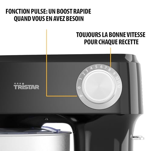 Robot Pâtissier Tristar avec Bol en Acier Inoxydable de 4,5 L, Puissance 800 W, 12 Vitesses avec Fonction Pulse, Tête Inclinable, Couvercle Anti-Éclaboussures, MX-4870