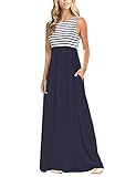 MEROKEETY Women's Summer Striped Sleeveless Crew Neck Long Maxi Dress Dress with Pockets