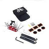 WOTOW Bike Repair Set Bag Bicycle Multi Function 14 in 1 Tool Kit Hex Key Wrench Tire Patch Lever (No Glue Included) (Red with chain tool)