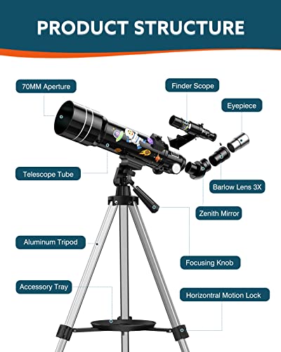 70mm Aperture Telescope For Kids & Beginners - 400mm Refractor With Tripod