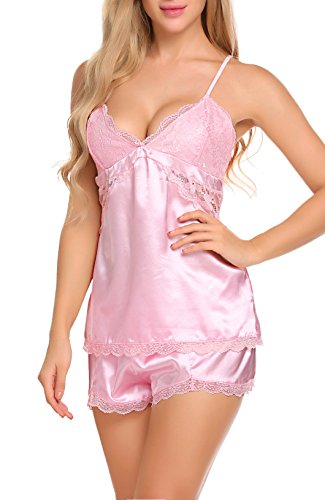 ADOME Satin Nachthemd Damen Sexy Dessous Set Sommer Nachtwäsche Negligee Babydoll Zweiteilige Reizwäsche Lingerie mit… – Bild 4
