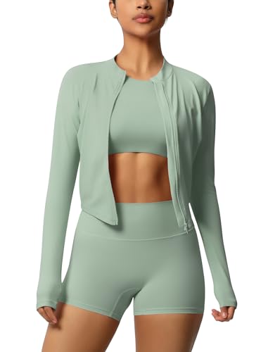 IDOPIP Ensemble de sport pour femme 3 pièces avec veste de sport : veste de course + leggings courts + débardeur à manches courtes avec soutien-gorge - Vêtements de sport pour le sport, le fitness, le