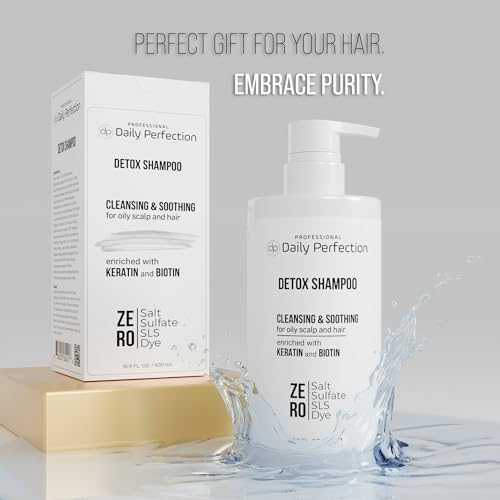 DAILY PERFECTION DETOX SHAMPOO TO REMOVE BUILD-UP, OIL, AND DIRT. SALON-GRADE FORMULA WITH BIOTIN AND KERATIN, SALT-FREE, SULFATE-FREE, AND PARABEN-FREE FOR CLEAN, REFRESHED HAIR.