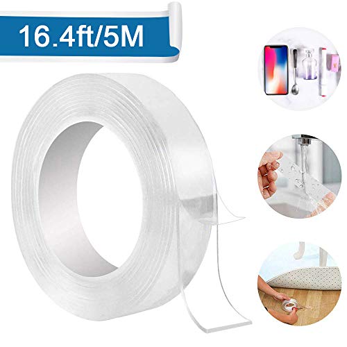 Enjoydeal Reusable Nano Tape, Double Sided Traceless Achesive Tape Reusable Mounting Carpet Stickers Removable Transparent Gel Grip Tape Washable Seamless Tape for Home Office (5M/16.4 FT)