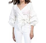 AOMEI White Blouse for Women Casual Spring Summer with Waist Belt Puff Sleeve Size XL