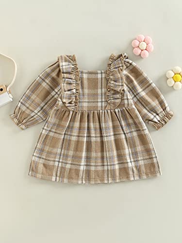 VISGOGO INFANT BABY GIRLS PLAID DRESS RUFFLES LONG SLEEVE BUTTONS SQUARE NECK A-LINE DRESS FALL WINTER CLOTHES (KHAKI, 18-24 MONTHS)