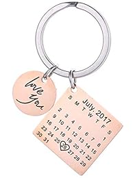 Personalised Custom Engraved Calendar Date Engraved Stainless Steel Keyring & Keychain Memorial Wedding Gift (Rose gold round)