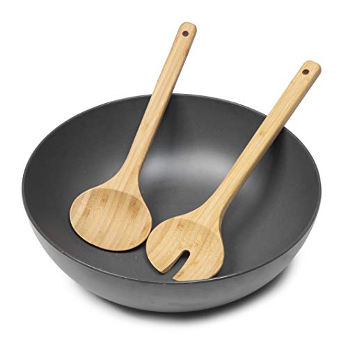 Large Salad Serving Bowls with Tongs, Mixing Bowl with Servers with Nature Bamboo Lid Spoon and
