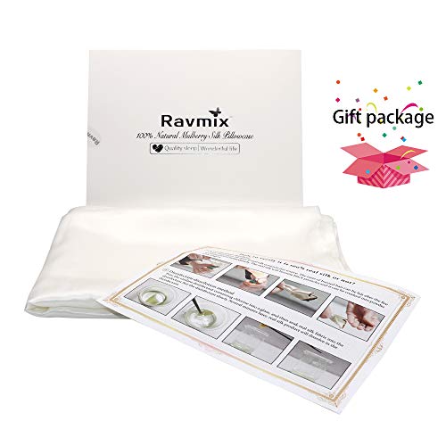 Ravmix 100% Pure Natural Mulberry Silk Pillowcase Queen for Hair and Skin with Hidden Zipper, 21 Momme 600TC Hypoallergenic Soft Breathable Pillow Cover 1pcs (20×30inches, Ivory White)