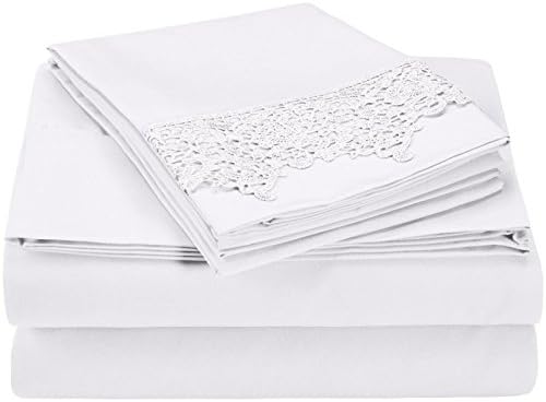 Luxury Wrinkle Resistant Regal Lace Embroidery Solid Sheet Set [Flat Sheet, Fitted Sheet &amp; TWO Pillow Cases] - White - Full