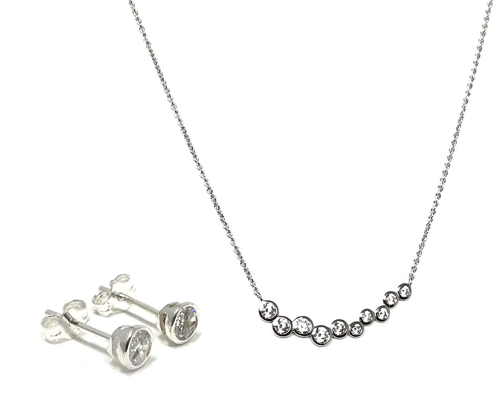 Strictly Gifts Sterling Silver Necklace with Graduated Rubbed Over Cubic Zirconia Stones 45cm with Stud Earring Set