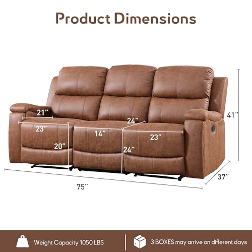 CANMOV Leather 3-Seat Recliner Sofa, Manual Reclining Sofa with Hidden Cup Holders, Padded Headrest & Lumbar Support 3-Seat Couch for Living Room, Home Theater, Brown