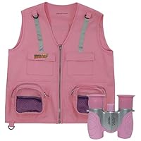 Combination Set: 1 Eagle Eye Explorer Kids Cargo Vest with Reflective Safety Straps & 1 8x21 Magnification Binoculars with Soft Rubber Eye Piece for boys & girls Waterproof & Shock-Resistant. Pink S/M