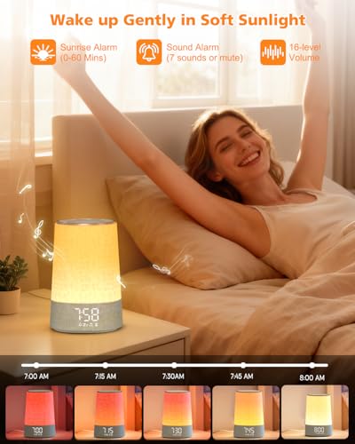 Dawn Simulator Light Alarm Clock, Alarm Clock with 7 Ringtones, 30 Natural Sounds Snooze, Timer, Morning Alarm Clock on LED Bedside Lamp, 10 Brightness Levels Night Light for Children Adults