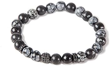 mao mao jewelry 8mm Rock Bead Lava Rock Stone Bead DIY Diffuser Charm 8 inch Bracelet Set Adjustable bangle (Snowflake Obsidian +black diamond ball)
