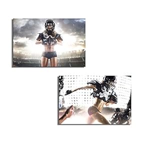 American Football Female Player Posing and Running with Ball - Canvas Art Wall Art - 16"x24" x 2 Panels