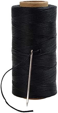 Waxed Thread Cord 130m/142 Yards 1.2mm Flat Sewing Leather String with 1pc Needle for DIY Handicraft Tool Hand Stitching Thread (Black)