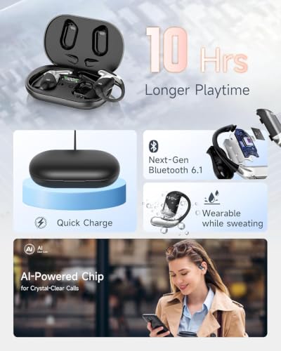 Ultra Open Ear Earbuds, Bone Conduction Headphones with Soft Earhook, Over the Ear Bluetooth Headphones 6.1 with Digital Display,60H Playtime,IP55 Waterproof, Comfort for Cycling,Running,Workout