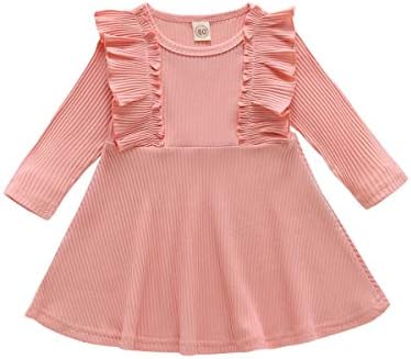 幼児 赤ちゃん 女の子 リブ編み フリルドレス 無地 コットン スプリングドレス 長袖 スカート アウトフィット Vmu