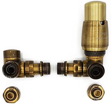 Right Version with PEX Connectors Antique Brass Thermostatic + Lockshield Angled Valve Set Double-Pipe Radiator