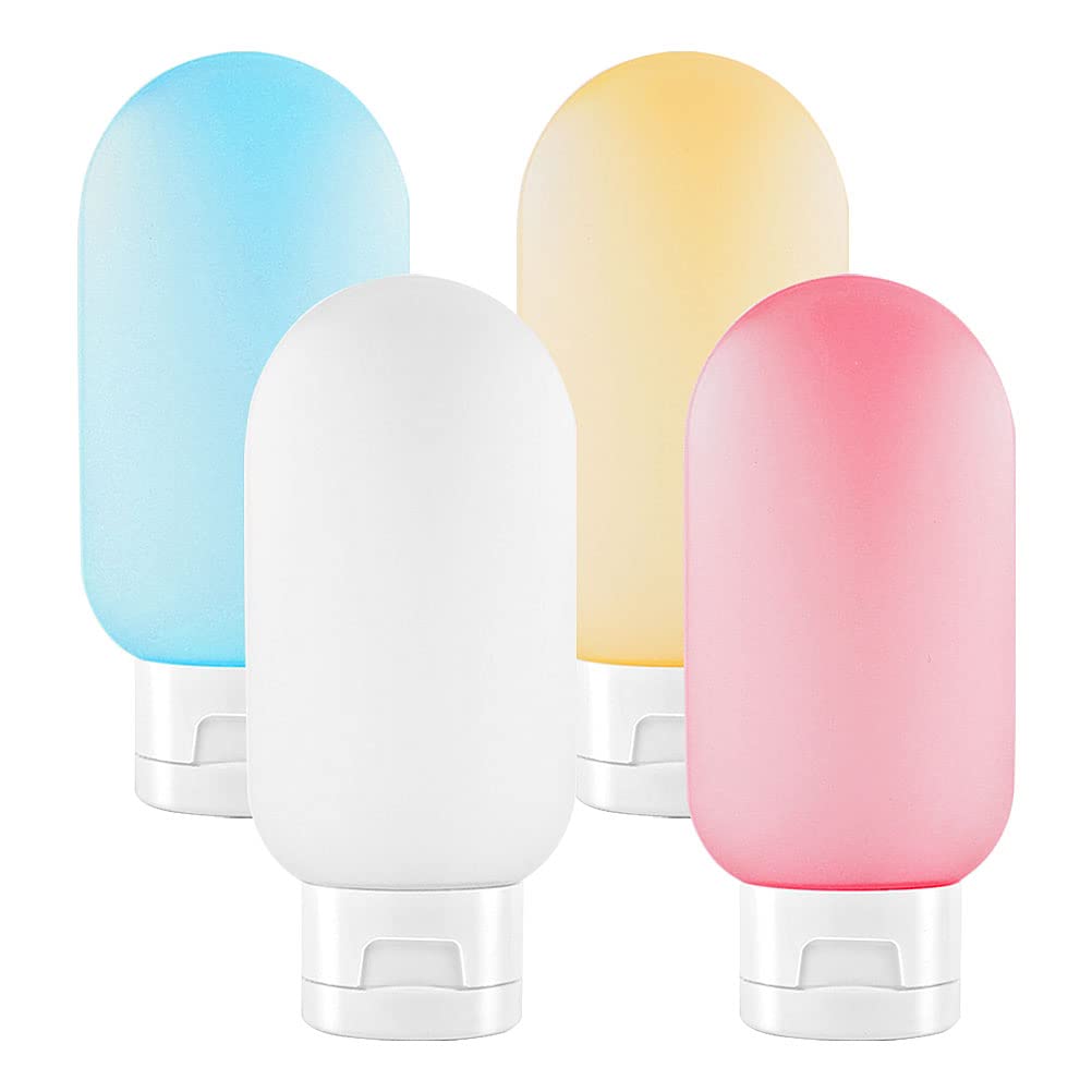 HuaJiao 4Pcs Travel Bottle Set, Empty Refillable Squeezable Containers Plastic Leak Proof Squeeze Bottles for Travel Toiletries Shampoo 60ml 4 Colors